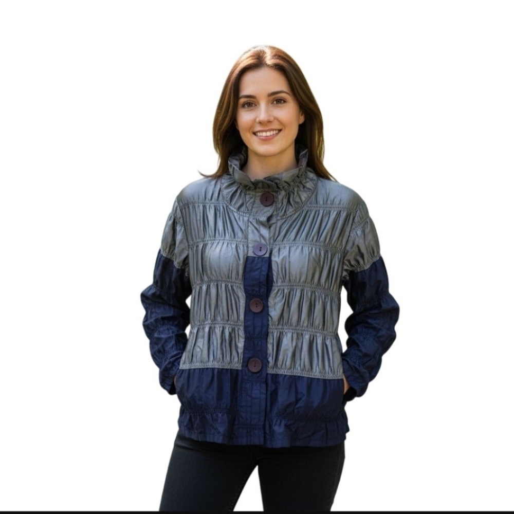 Damee Vintage Ruched Navy Gray Lightweight Jacket Size S
